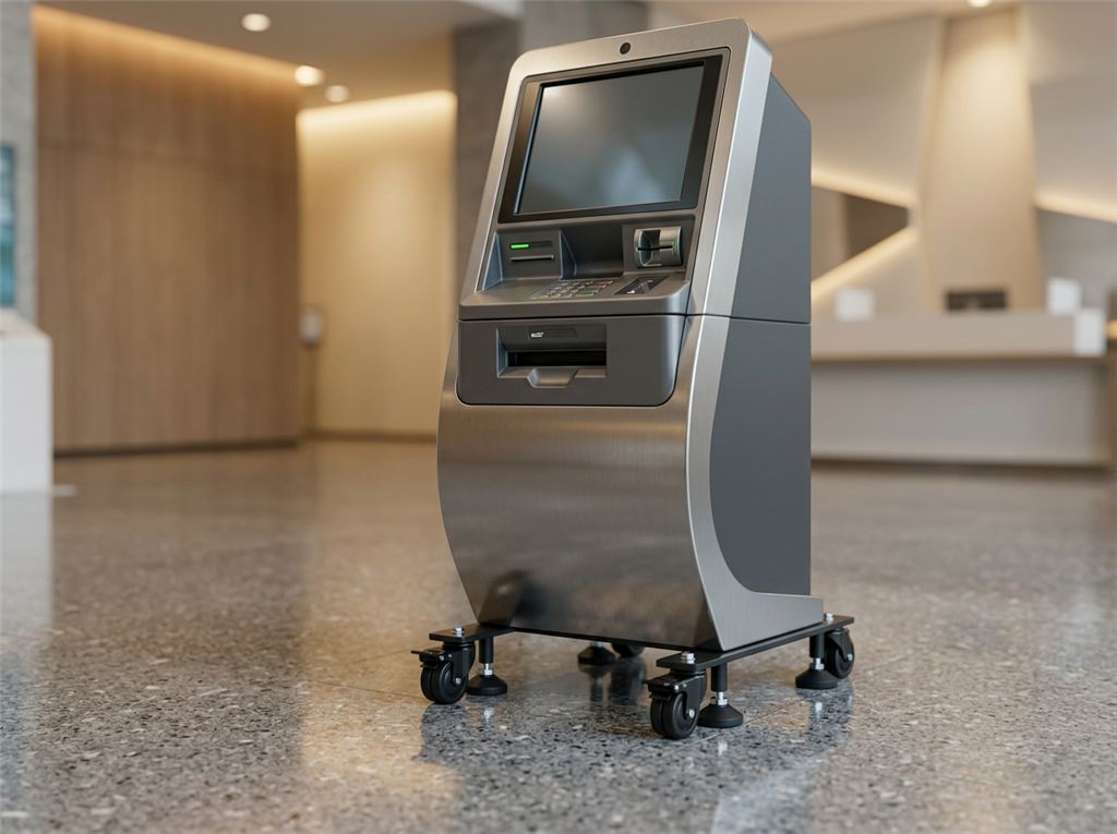 Illustrative bank service terminal mobility and leveling concept in a branch lobby
