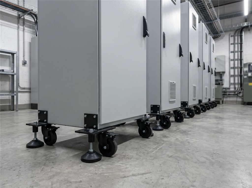 Illustrative electrical cabinet mobility and leveling concept in a plant room