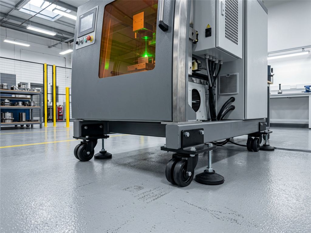Illustrative laser equipment mobility and leveling concept in a production workshop