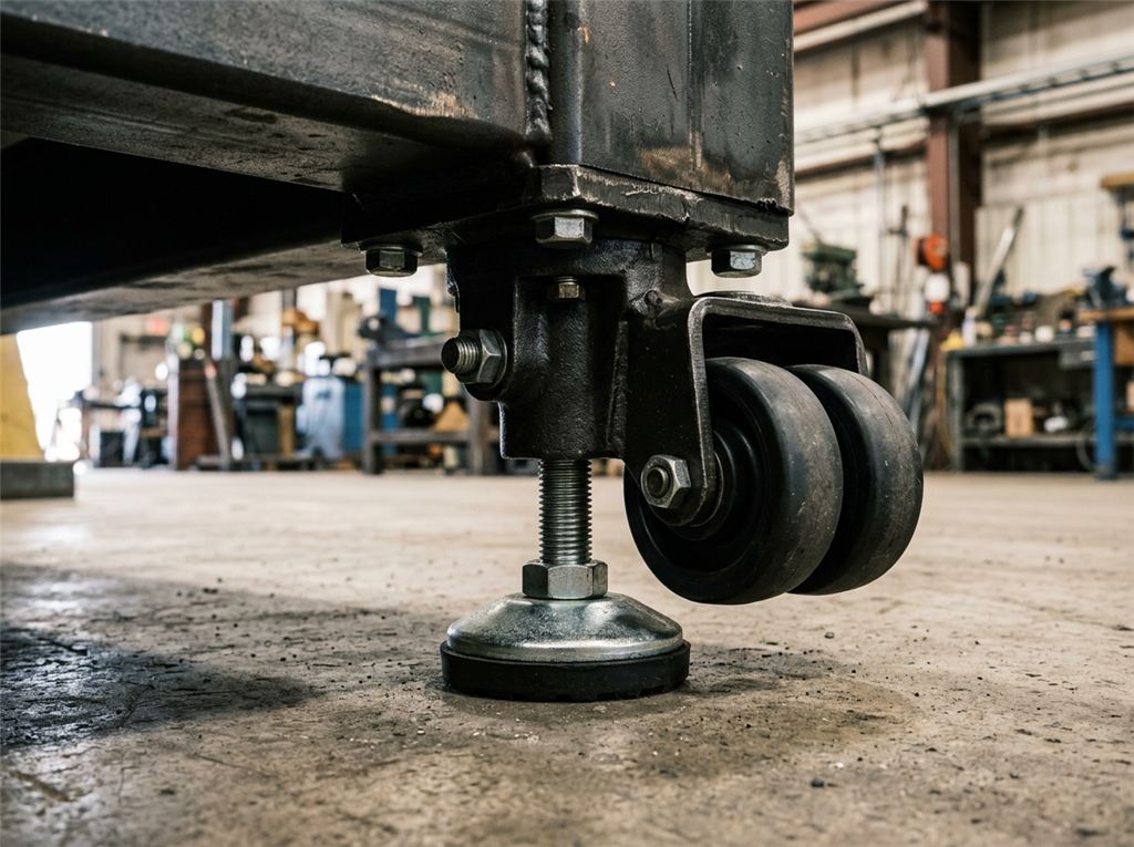 Illustrative close-up of a generic caster and leveling foot beneath an industrial frame