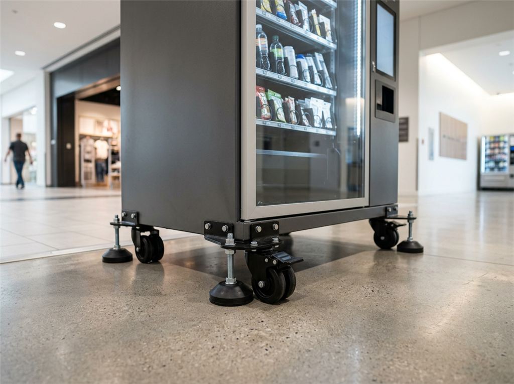 Illustrative smart vending machine mobility and leveling concept in a retail corridor